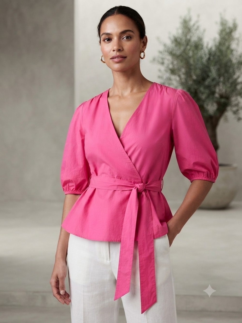 Molly Bracken Hot Pink Faux Wrap Tie Blouse Size Small